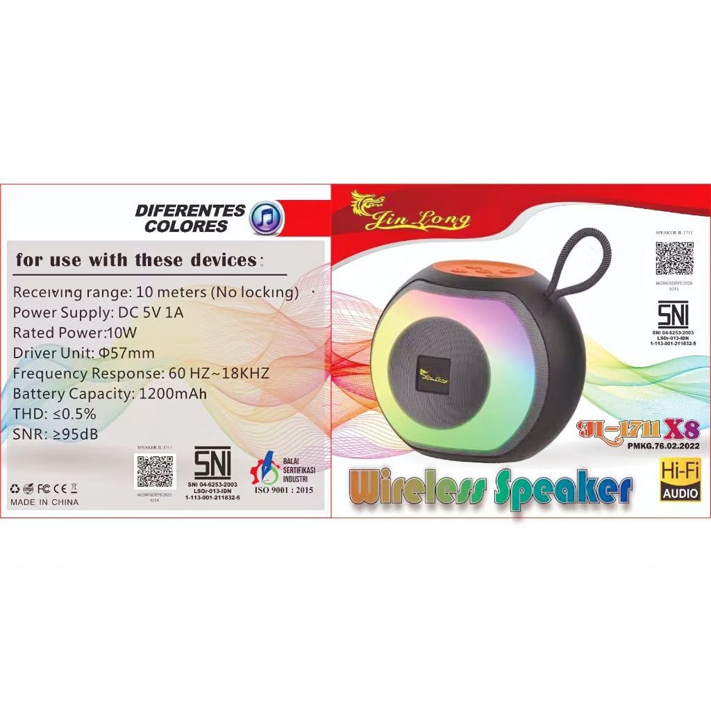 SPEAKER JINLONG JL 1711 x8 WIRELESS RECHARGEABLE BLUETOOTH USB / MICRO SD  / KABEL AUX SNI HD STEREO