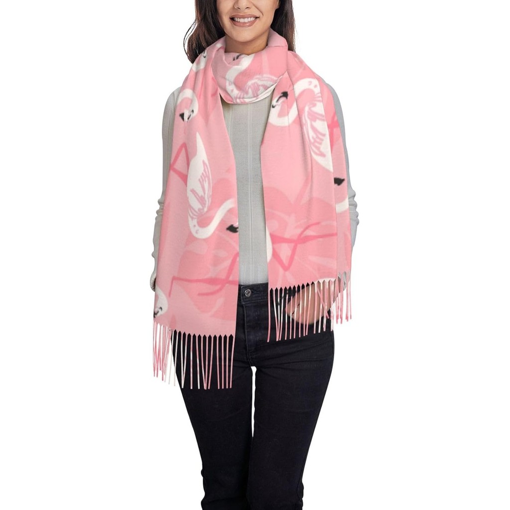 Summer Flamingo Palm Leaves Print Women'S Fringed Scarf Soft Lightweight Polyester Tassel Scarf Fall