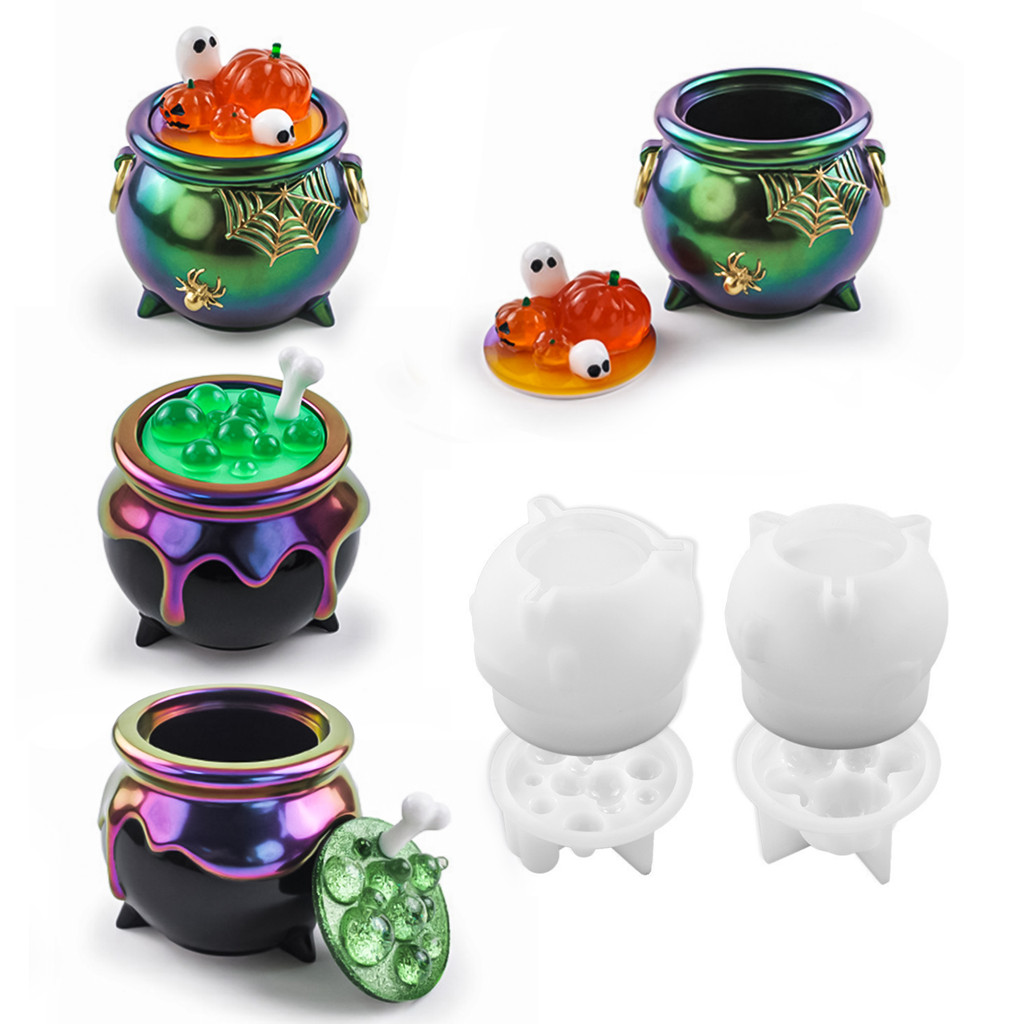 

3D Halloween Witch Cauldron Silicone Mold DIY Creative Pumpkin Storage Box Molds Epoxy Resin Jar Casting Candy Container Mould