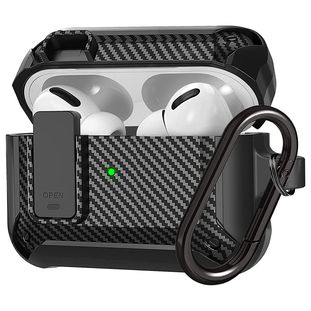 for Airpods Pro 2 Generation 2nd 1st Case Secure Lock Clip Carbon Fiber Hard Shell Case Cover with K