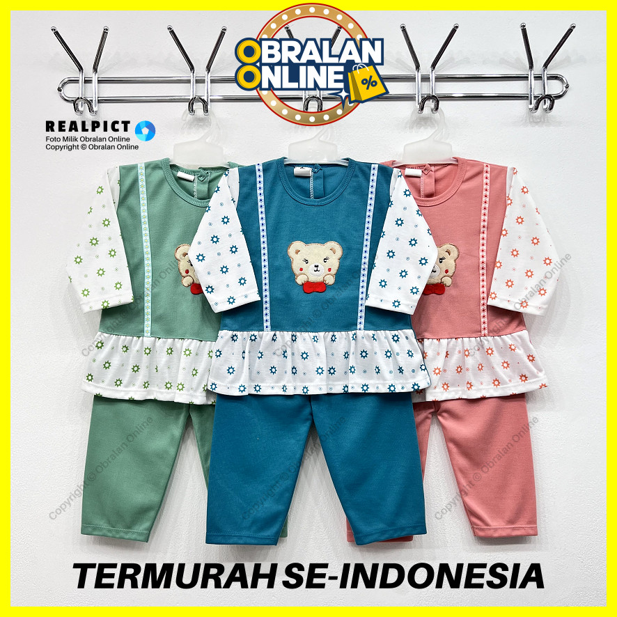 [SPY-RF132] OBRALAN ONLINE, Setelan Baju Bayi 3 - 18 Bulan, RED FOREST Beruang 2 Renda, Kaos Piyama 