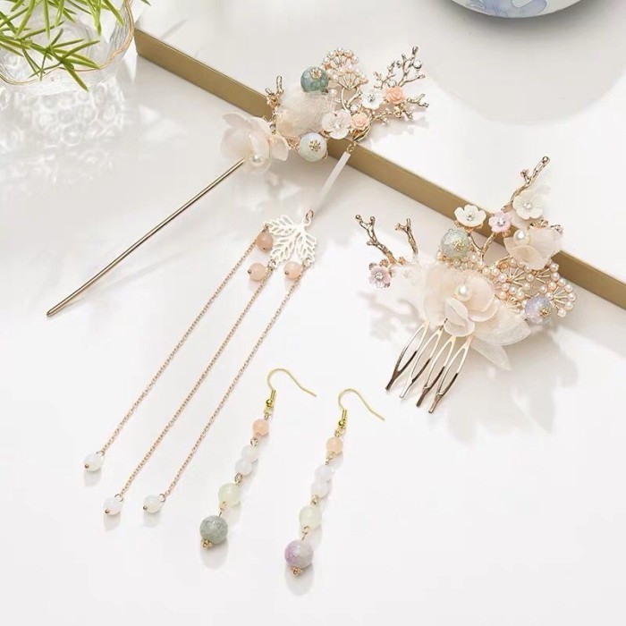 Set Hairpiece Anting Sirkam Tusuk Konde Sangjit Aksesoris Rambut Cina