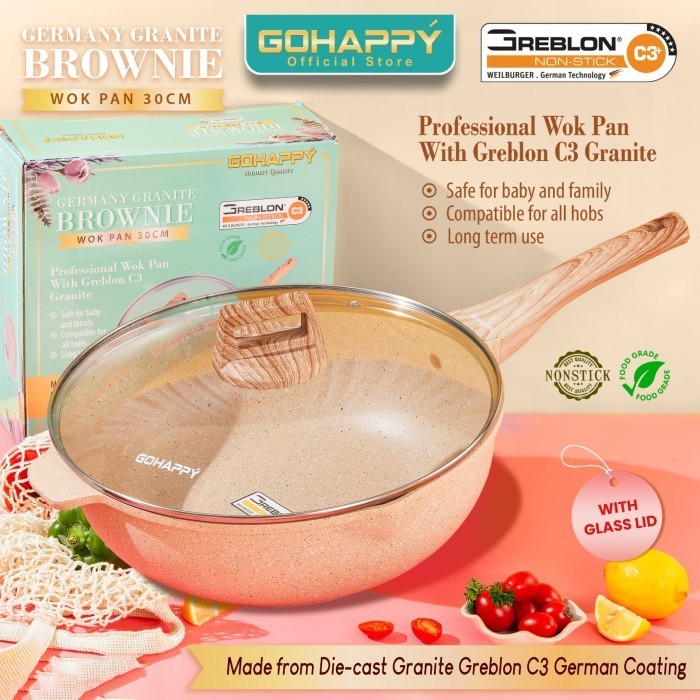 TOKOSANIA WOK PAN 30CM GERMANY GRANITE GH-G88 Gohappy Panci Greblon C3 - GGWok30CM Brown