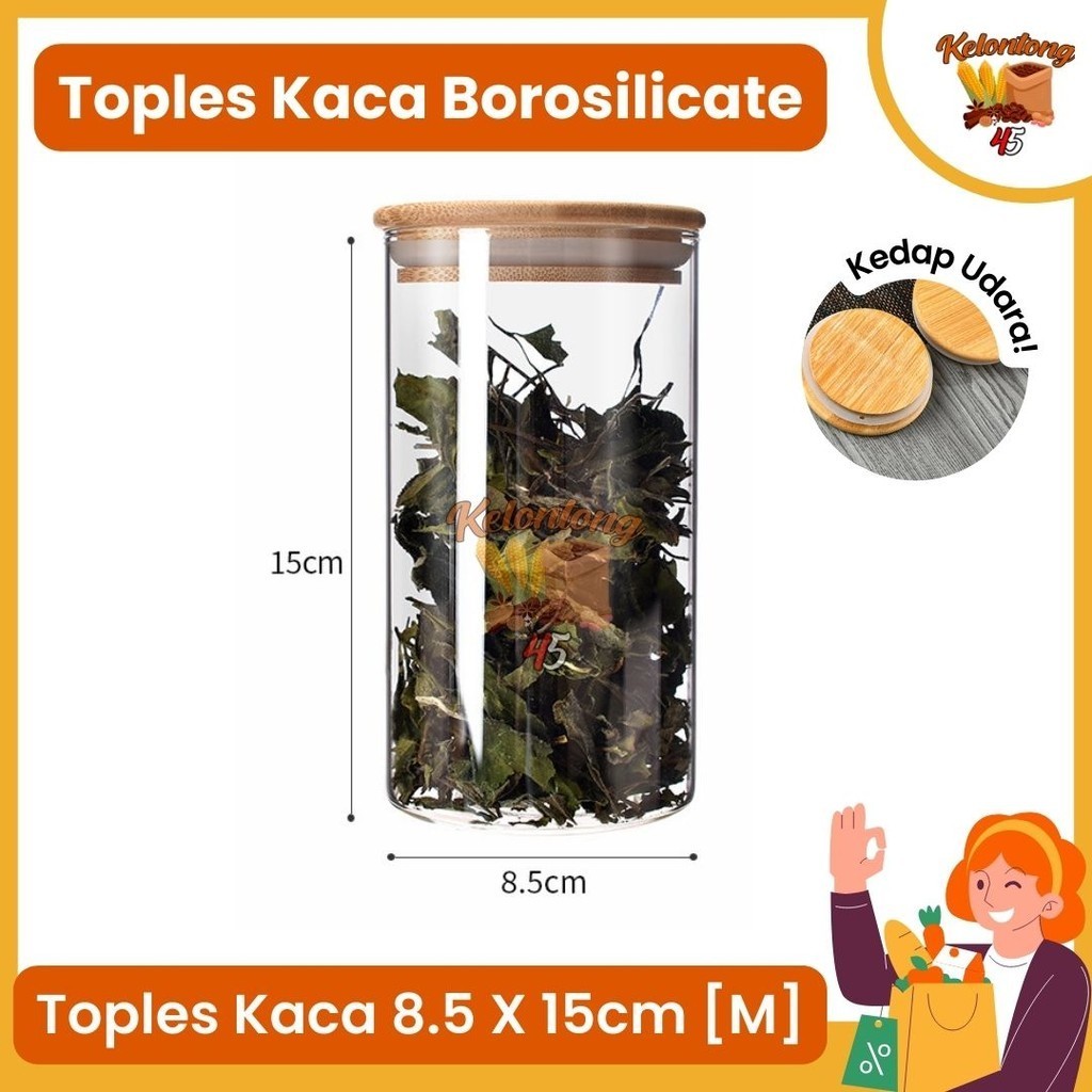 Kelontong 45 - [8.5x15cm] Toples Kaca Tutup Kayu Jar Airtight Minimalis Premium 750ml