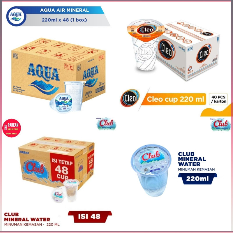 Aqua Cleo Club Air Mineral Minum Gelas Cup 220ml Isi 24 Botol Kecil Mini Tanggung 3Sedang Besar 120m