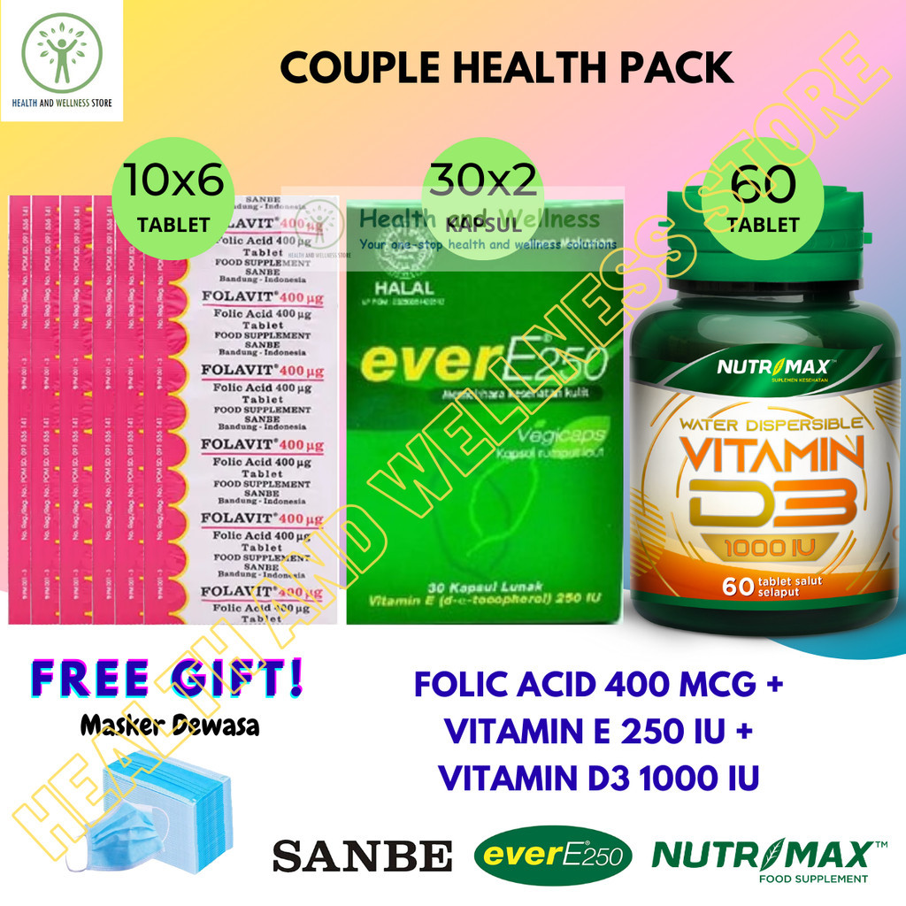 PAKET SANBE FOLAVIT 400 MCG 60 TABLET NUTRIMAX D3 1000 IU 60 TABLET EVER E  60 KAPSUL LUNAK