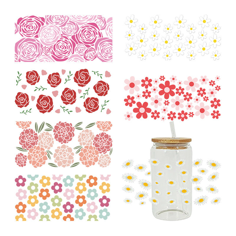 

UV DTF Sticker Flower Theme For The 16oz Libbey Glasses Wraps Cup Can DIY Waterproof Easy To Use Custom Decals D15018