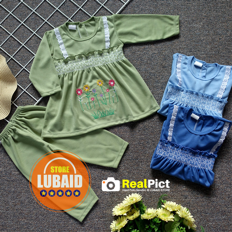 [SPY-RF135] LUBAID STORE, Setelan Baju Bayi 3 - 12 Bulan, RED FOREST Bunga Daisy Bordir, Kaos Piyama