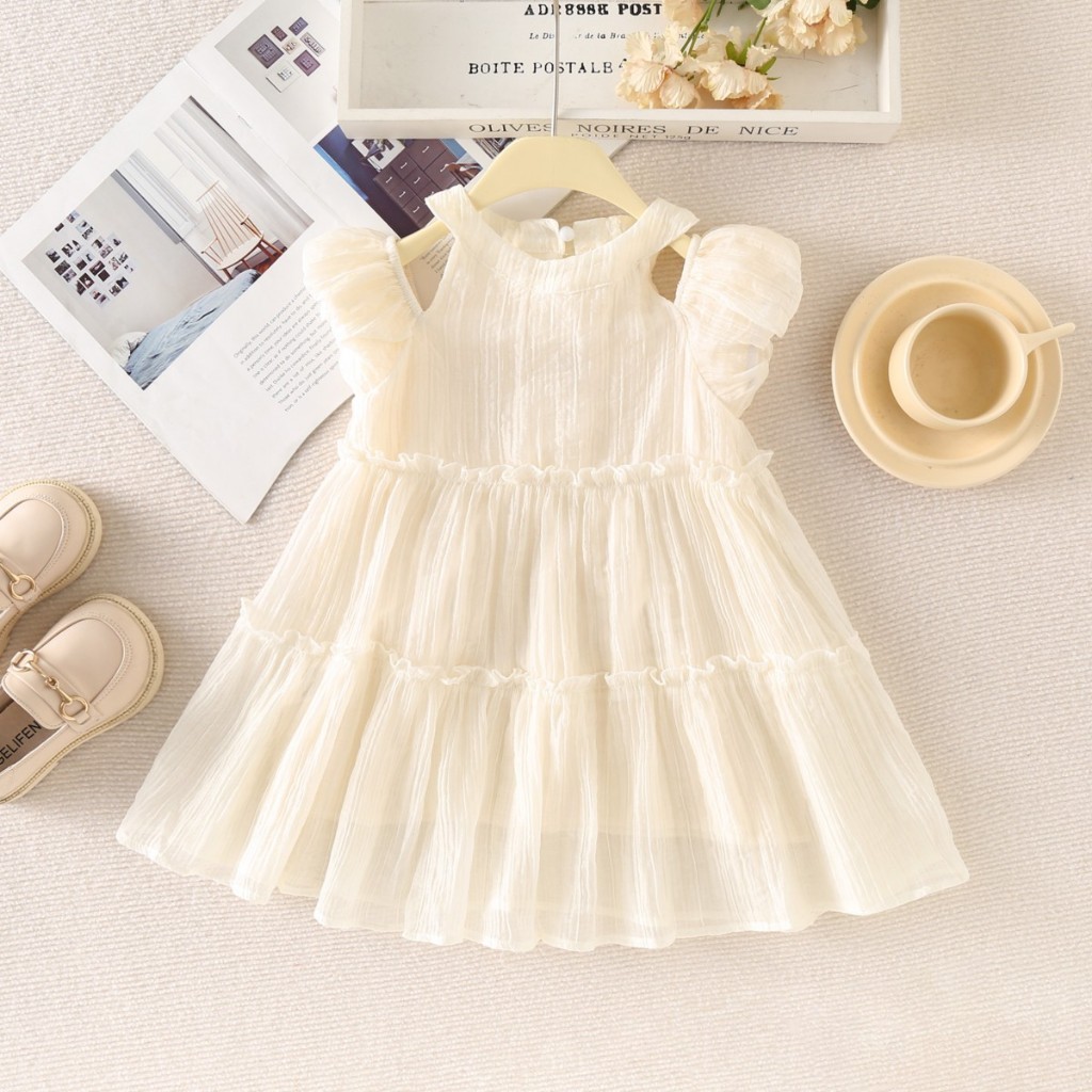 VT65YH Dress Ruffle Anak Perempuan Import Dress Casual Balita Impor Dress Lengan Balon Dengan Tali S