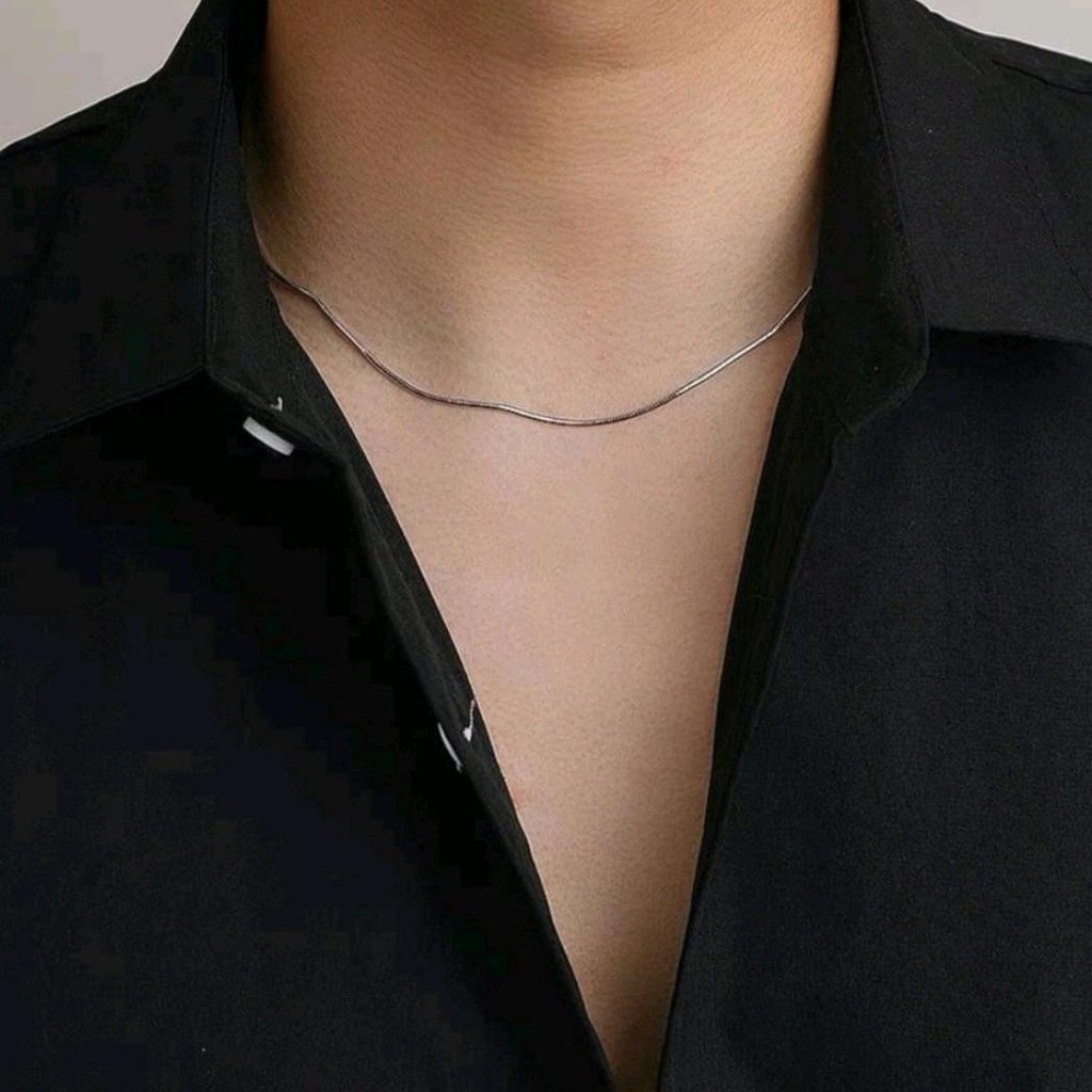 Kalung Titanium Emas Putih Pria STAINLESS STELL Model Bulat ANTI KARAT DAN ANTI LUNTUR,Kalung silver