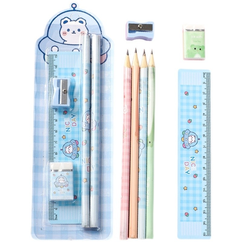 

1set Pencil Eraser Ruler and Sharpener Set Kawaii Student Writing Pens School Office Supplies Pencil for Kids Stationery Gift