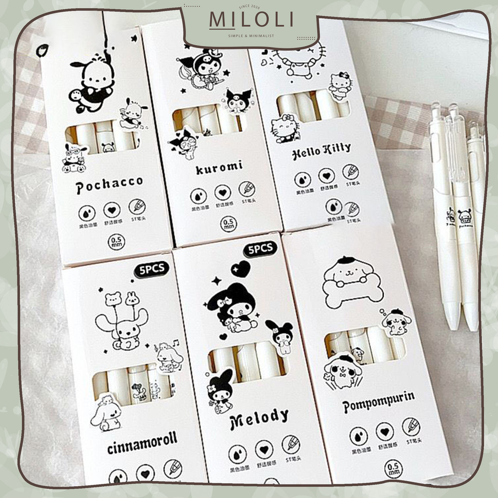 

[MILOLI] 5Pcs PENA SANRIO COVER WHITE MEKANIK Pen Gel Rectrable Pen Black 0.5mm Pulpen Minimalist - D0069