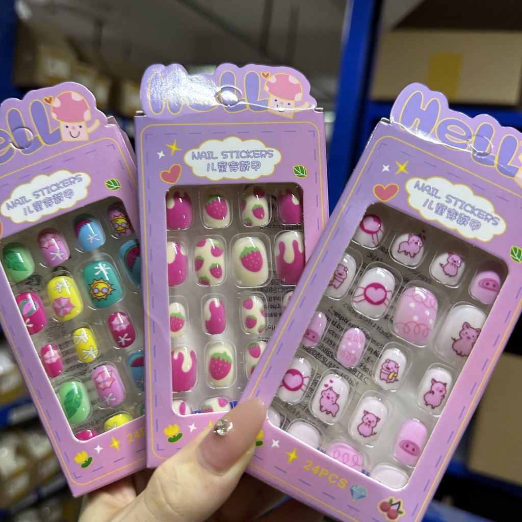 

24Pcs Cartoon Children Acrylic Fake Nail Colorful Cute Pink Strawberry/Pig Press on Nails With File+Jelly Gel Girl Nail Tips Set