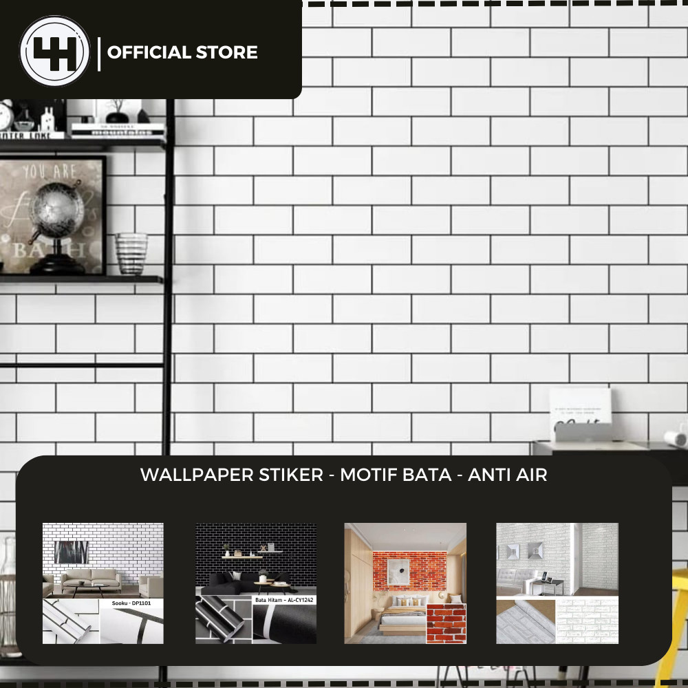 [16 Motif] Wallpaper Sticker Dinding Motif Batu/Bata Modern 8m x 45cm Kotak Garis Merah Daun HIjau K