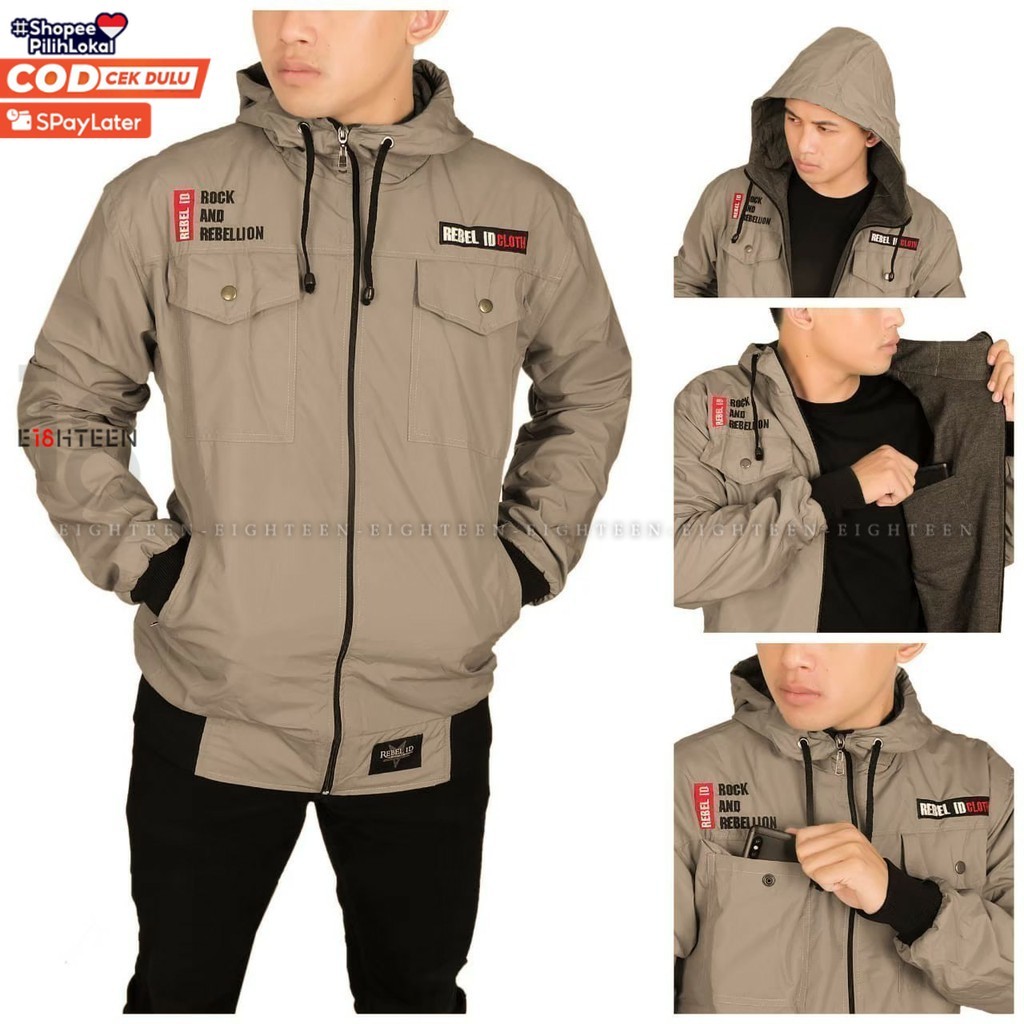 EIGHTEEN [BISA COD] Jaket PRIA Semi Parka Taslan Original Rebel ID TAHAN ANGIN AIR BORDIR EMBLEM