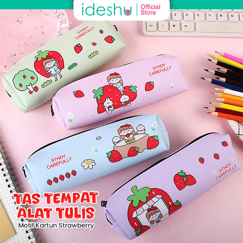 

Tas Pensil Tempat Alat Tulis Motif Strawberry Bahan PU Japanese Style Import