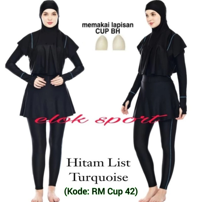 Baju Renang Wanita Muslim Dewasa Rok Celana Panjang 1 Set Jilbab Syari - RM Cup 42, XL