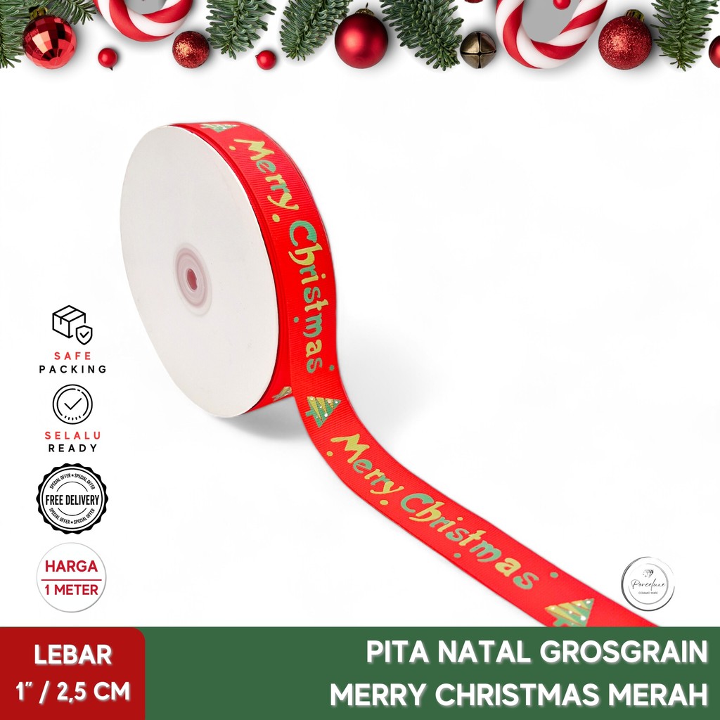 

Hiasan Pita Ribbon Natal Grosgrain Merry Christmas Merah 2,5 cm Harga Per Meter