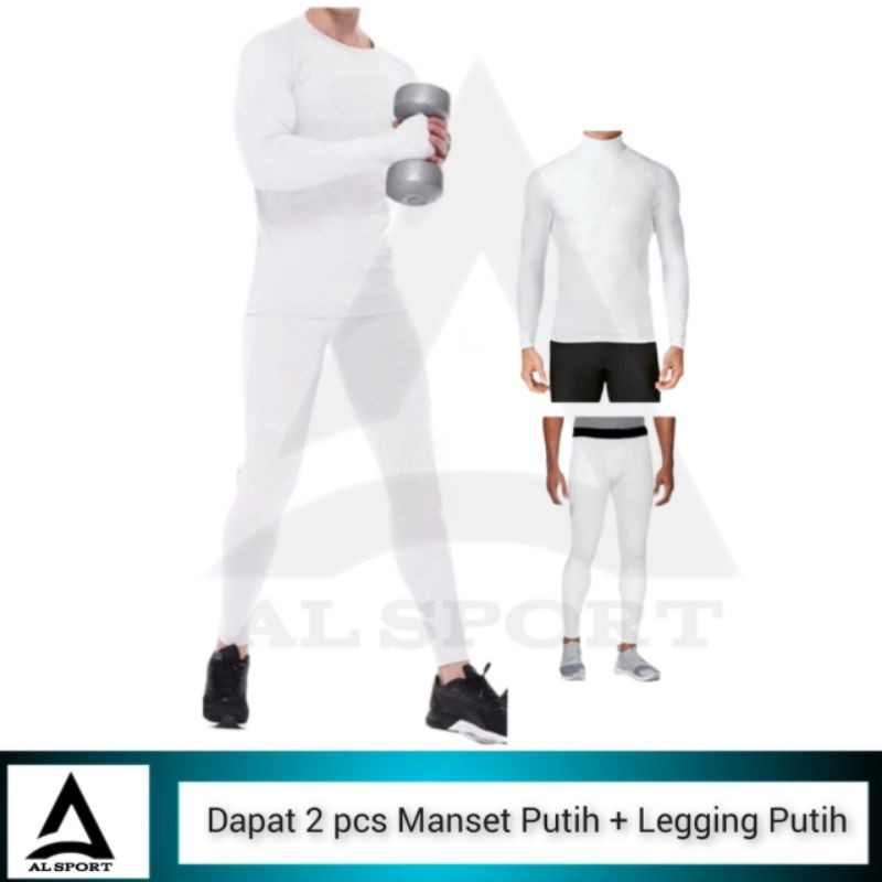Paket Olahraga Pria Putih Baju Manset Baselayer Putih Celana Legging Putih