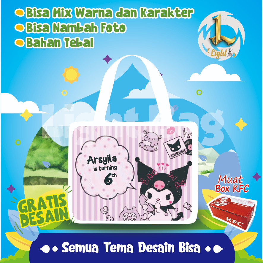 

TAS SOUVENIR ULTAH KUROMI CUSTOM / TAS SOUVENIR PREMIUM / GRATIS DESAIN / BONUS FOTO ANAK / GOODIE BAG CUTE KUROMI CUSTOM / TAS ULANG TAHUN KUROMI CUSTOM / TAS ULTAH CUSTOM / TAS SOUVENIR 2 HARI JADI / TAS ULTAH / TAS ULANG TAHUN
