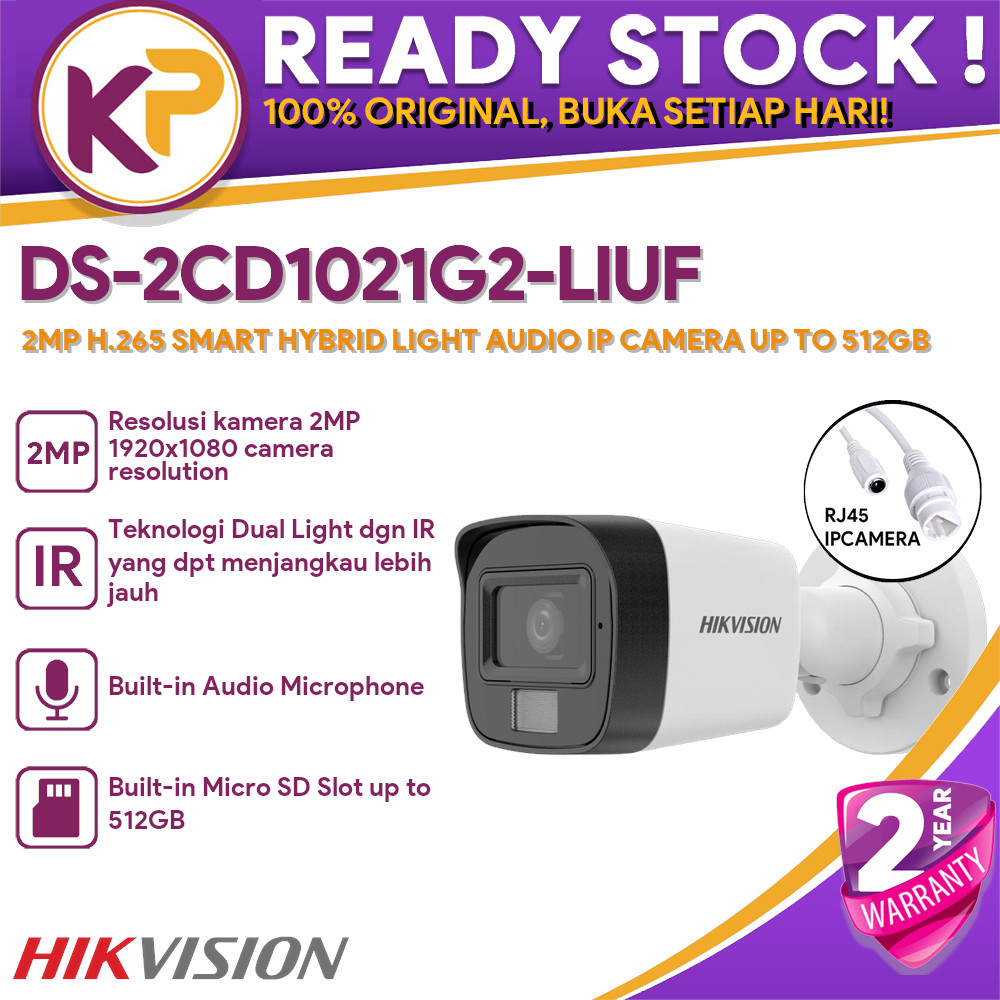 HIKVISION DS-2CD1021G2-LIUF 2MP H.265 SMART HYBRID LIGHT AUDIO IP CAMERA UP TO 512GB