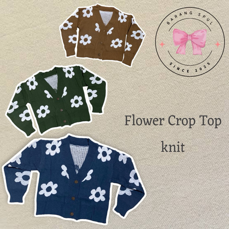 Cardigan Cewek Remaja Rajut Korea Style Crop Top Motif Flower Kekinian Lucu