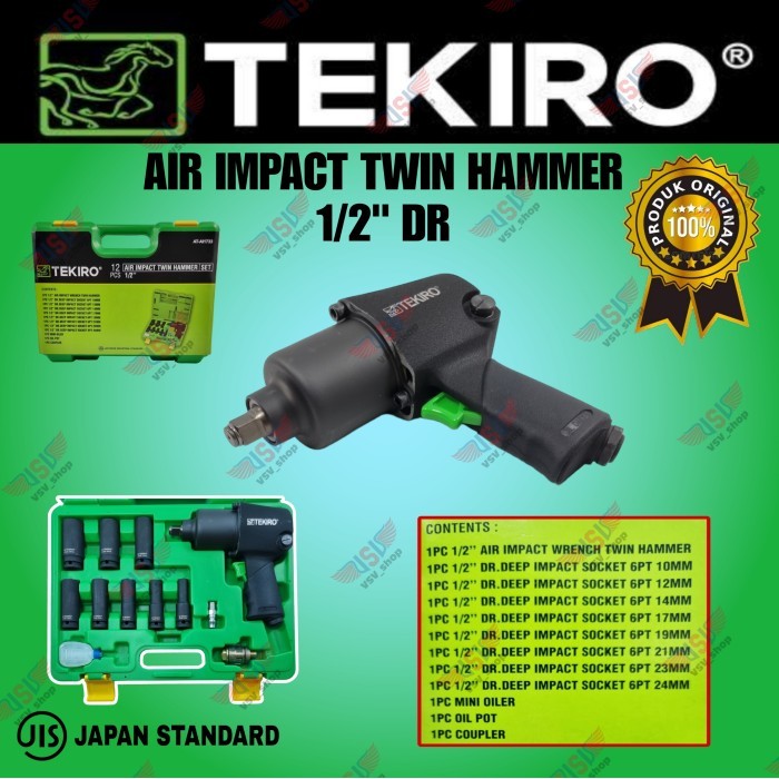 TEKIRO Air Impact Wrench Set 12pcs 1/2"Dr Twin Hammer Buka Baut Angin TEKIRO