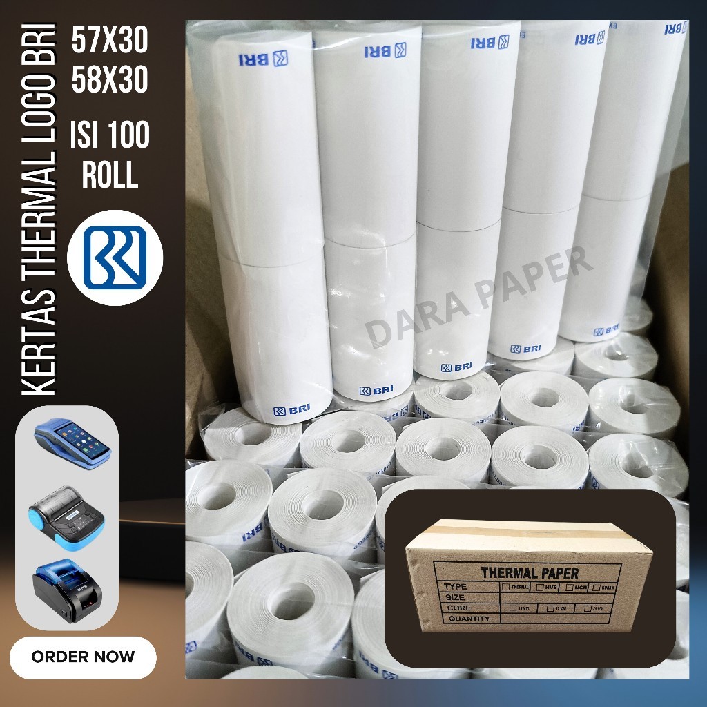 

NEW SALE 100 ROLL KERTAS THERMAL EDC LOGO BRI 58X30/58X30