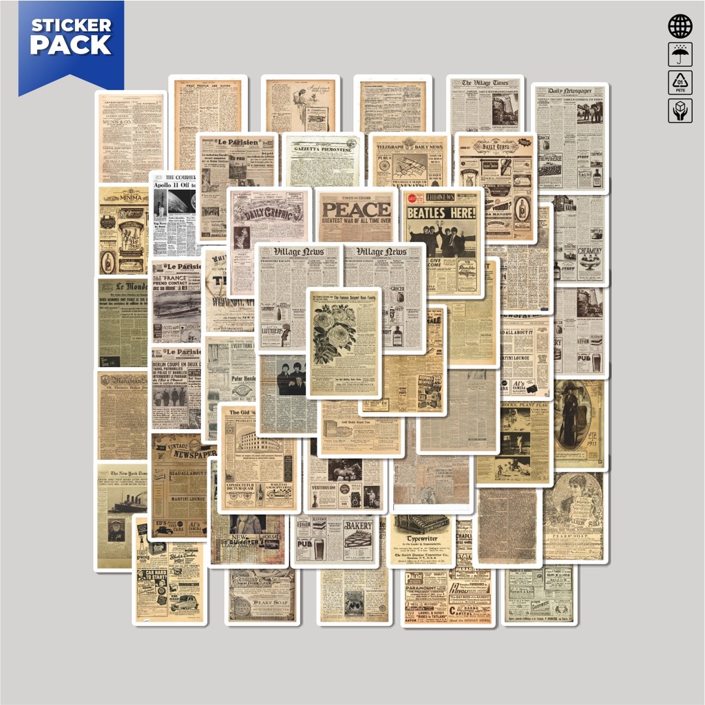 

[100PCS]Stiker Pack Stiker Vintage Newspaper Aesthetic Vinyl Anti Air Dekorasi Sticker Laptop Buku Journal Koper Helm Casing HP Gitar Helm Skateboard