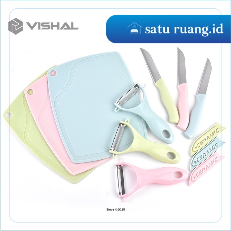 SatuRuang.Id -  Pisau Set Stainless 3 In 1 Talenan Knife Set Peeler Buah Ceramic Fruit Knife VS-1806