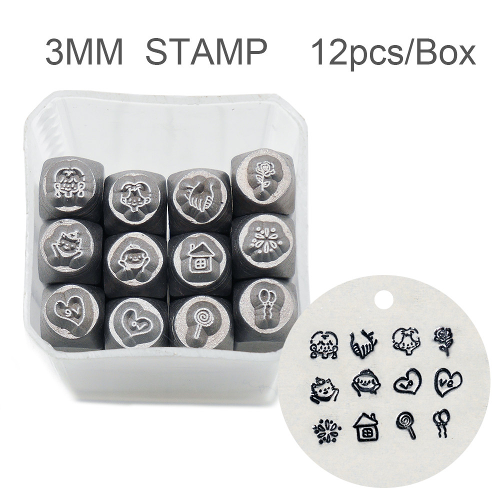 

RCIDOS-Steel Punch Stamp, Love Heart, Hand in Hand, Lollipop, Flower Design, Metal Jewelry, 3mm, 12Pcs Box