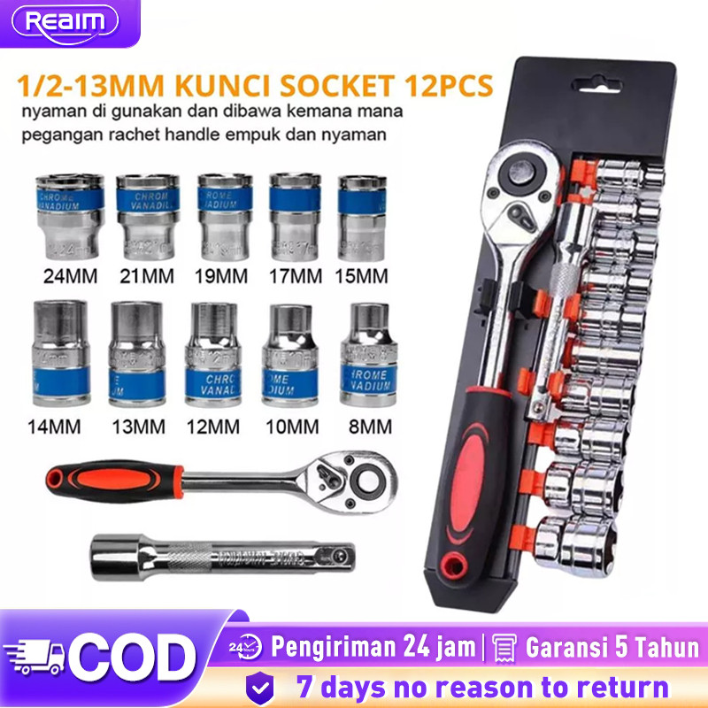 REAIM Socket Wrench SET - Ratchet Kunci Pas 12 pcs Kunci Set 1/2inci Socket Sok CR-V Multifungsi Han
