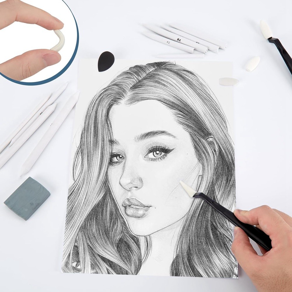 

A81M New 48 PCS Sketch Drawing Tools, 20 Blending Stumps Set & 2 Sandpaper Pencil Sharpeners, Pencil Extension, Erasers