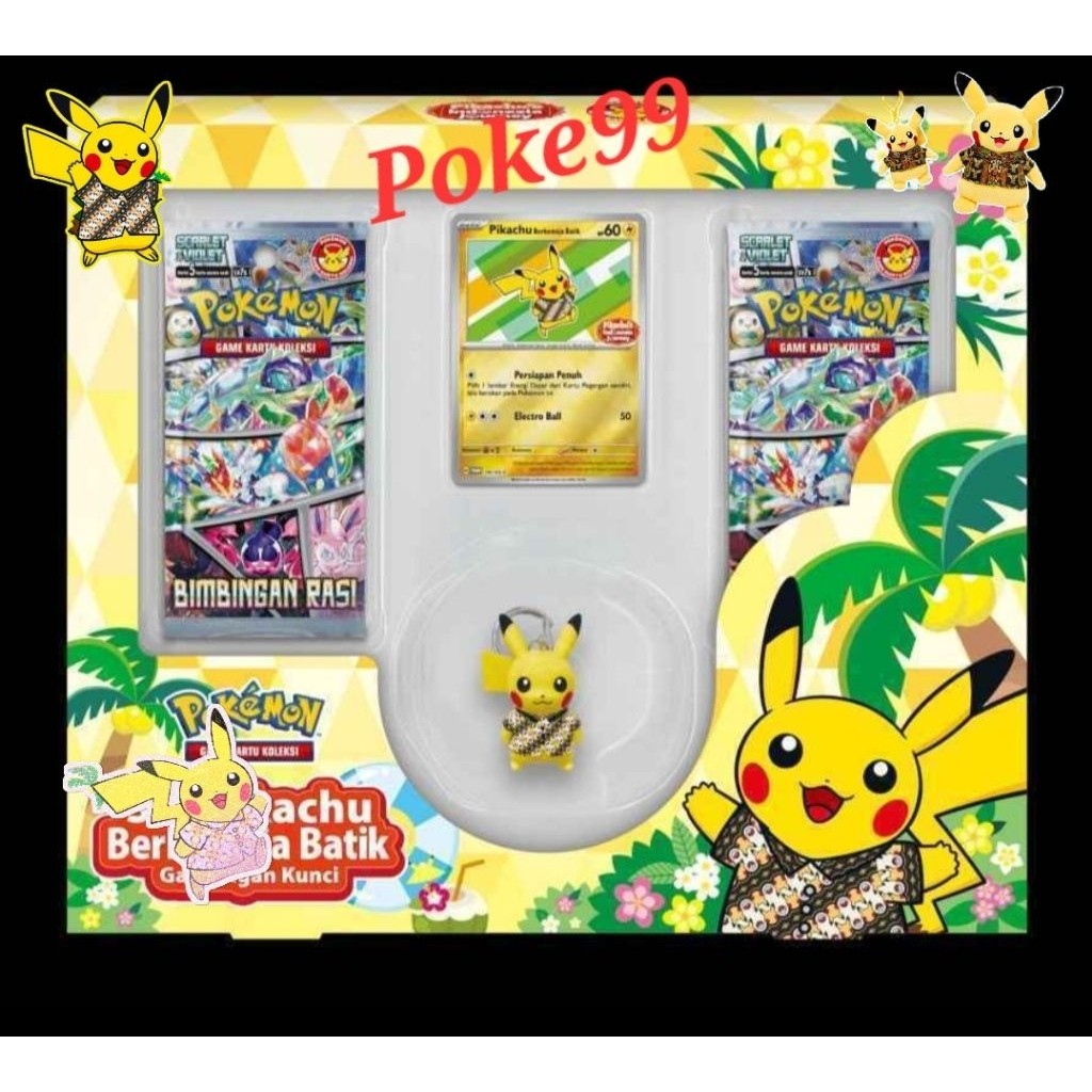 Kartu Pokemon Set Kolektor Gantungan kunci Pikachu Batik Bimbingan rasi  INDONESIA. ORi Promo