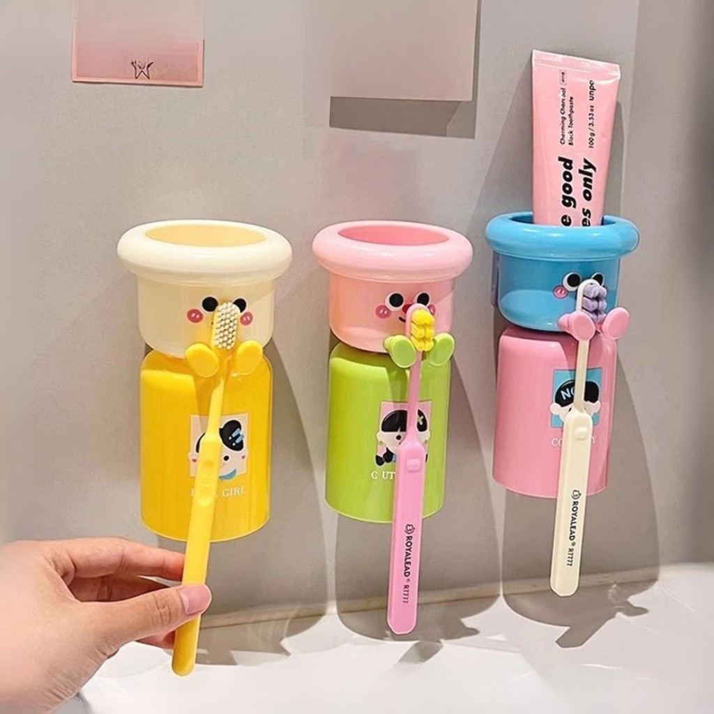Tempat Sikat Gigi Tempel Magnet Karakter Anak Lucu / Magnetic Toothbrush Holder Set Cangkir Rak Odol