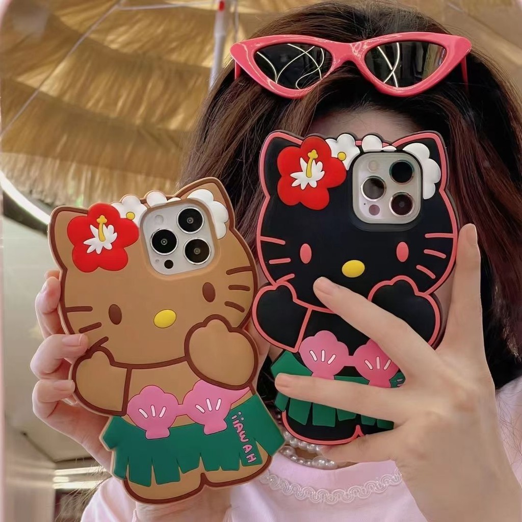 

Hello Kitty Hawaiian Series Mobile Phone Shell Anime Sanrio 3D Stereoscopic Fall Prevention Iphone 14 13 12 11 Pro Soft Shell