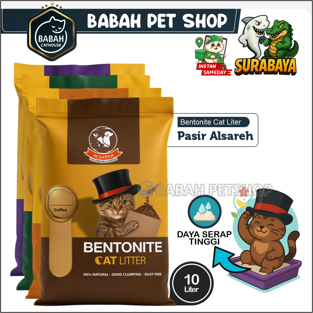 10L ALSAREH pasir kucing gumpal wangi cat litter clumping keras rasa aroma bentonite apel kopi laven