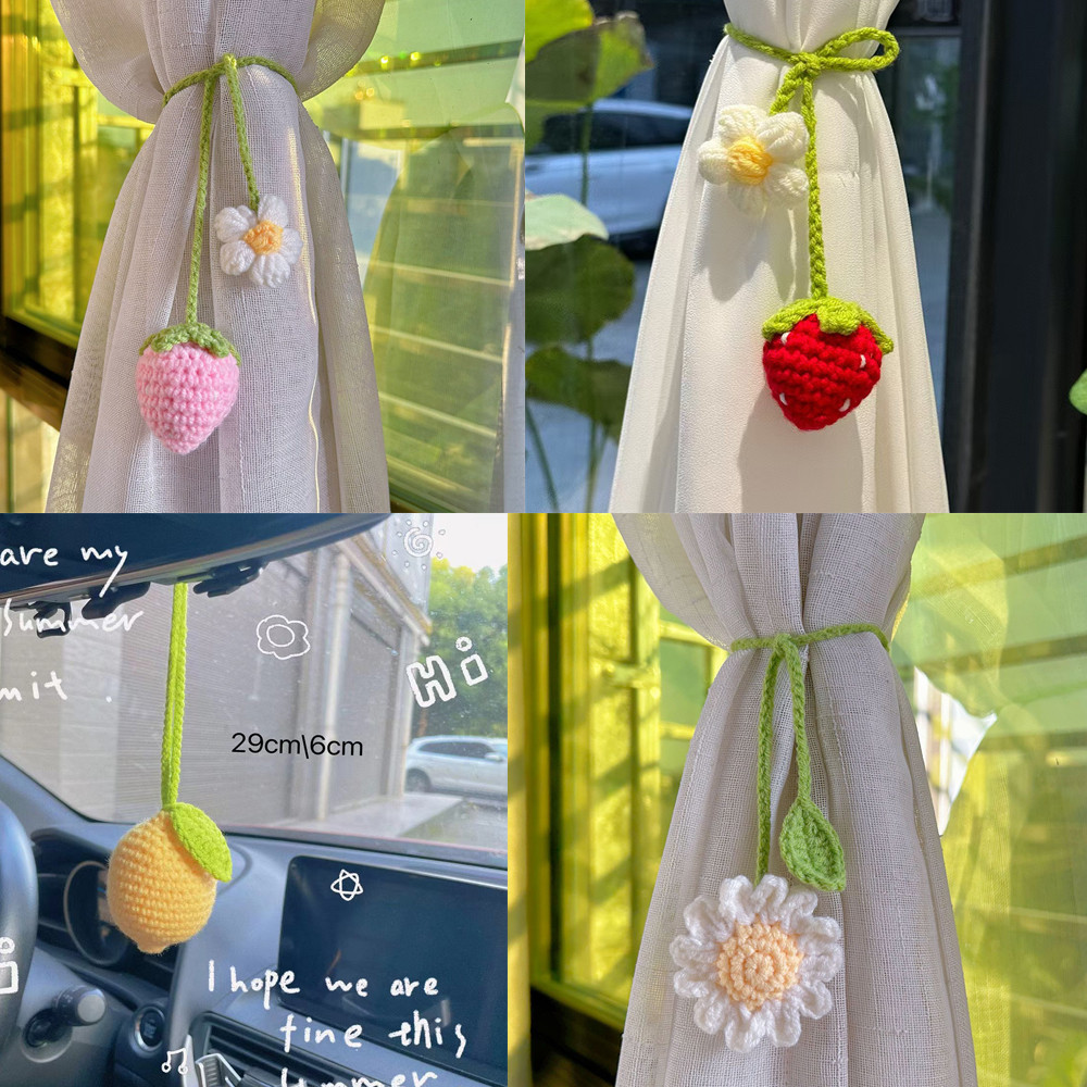 

Cute Knitted Strawberry Pendant Knitting Flower Bag Pendant Creative Crochet Flower Curtain Tie Bookmark Car Home Decor Gift