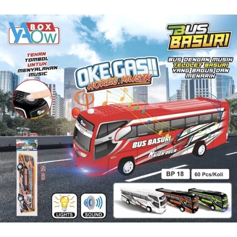 [Ready] Mainan Bus Basuri Oke Gas BP 18, Mainan Bus Viral Nyala dan Bergerak