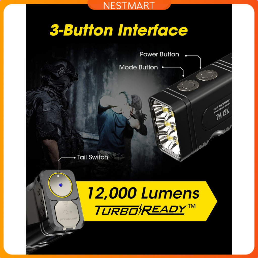 NITECORE Senter LED Flashlight OLED Display Rechargeable 12000 Lumens - TM12K