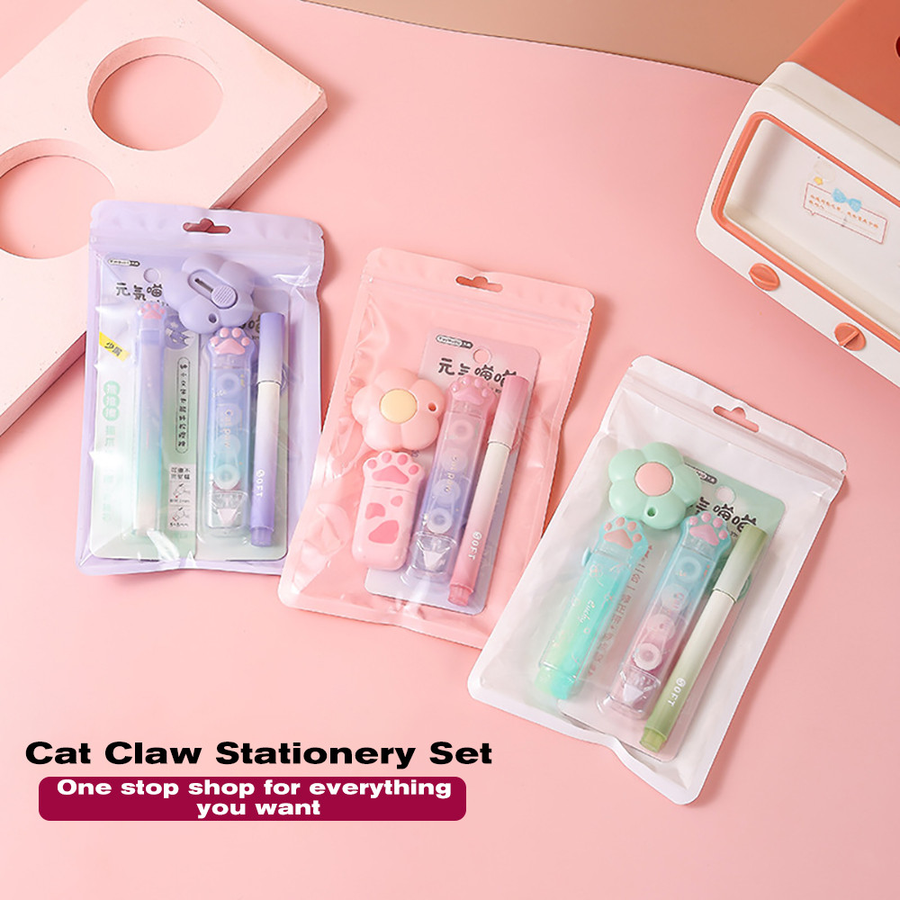 

4/6/7Pc Kawaii Cartoon GradientColor Cat Claw Stationery Set Student Learning Prize Cute Stationery Set Gift Box School Supplies
