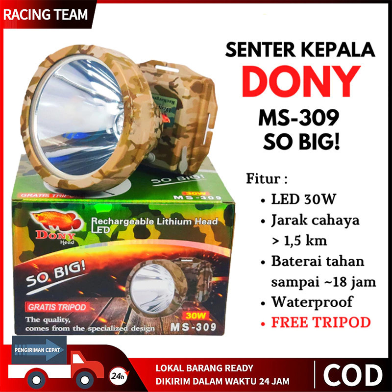 / DONY / Senter Kepala Cas / MS 309 / SOBIG 30 W 30 WATT / QLED LED T6 / Super Terang / Murah Senter