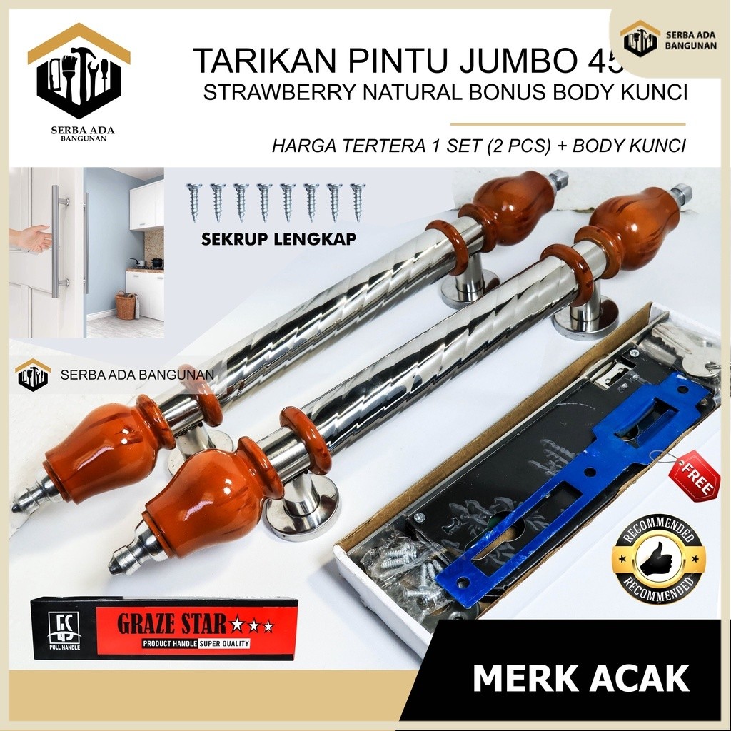 SAB PAKET PINTU UTAMA (TARIKAN STROBERI 42CM 1PASANG + BODY KUNCI SET) CAKEP ELEGAN MINIMALIS STAINL