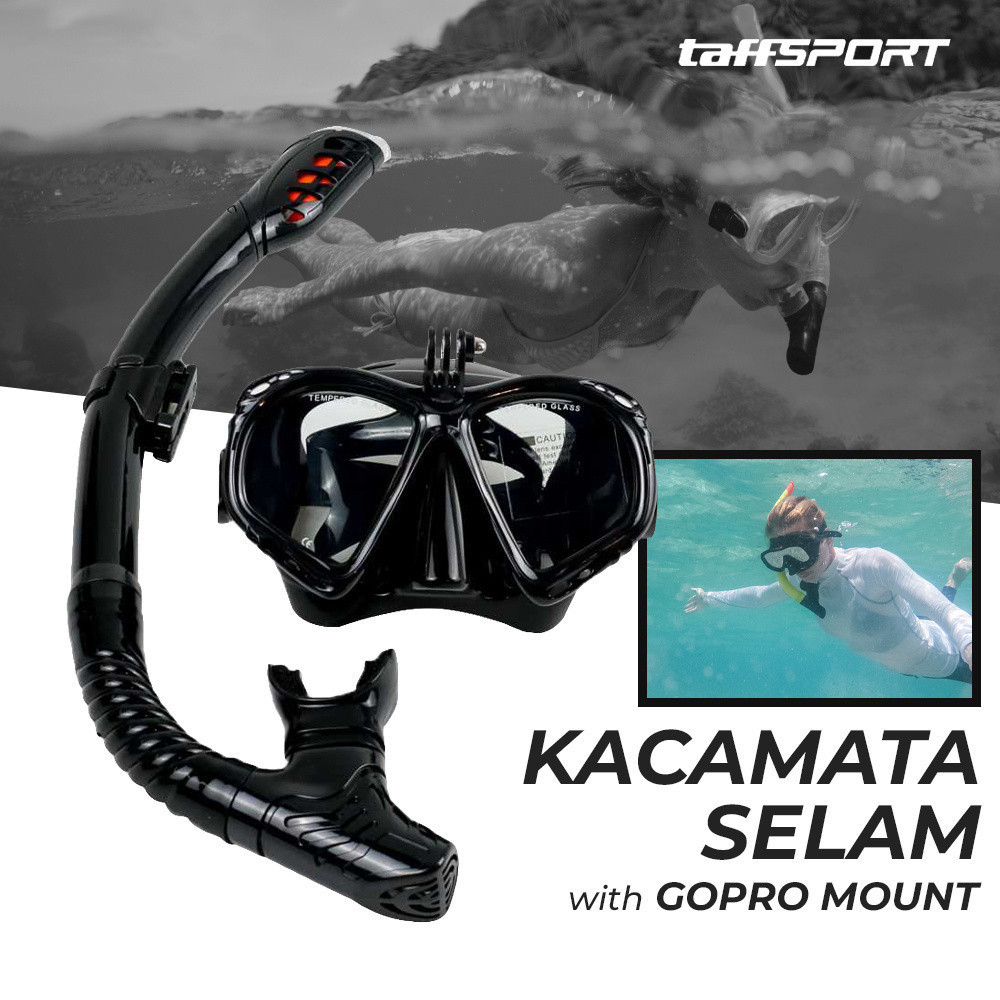 Kacamata Selam Karet Elastis Scuba Diving Snorkeling with GoPro Mount - Black