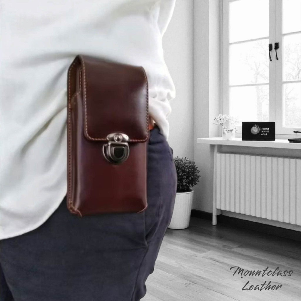 Dompet Sarung Hp 6,8 Inch Tas Pinggang Pria Kulit Sapi Asli Single & Doble Slot Cokelat Hitam