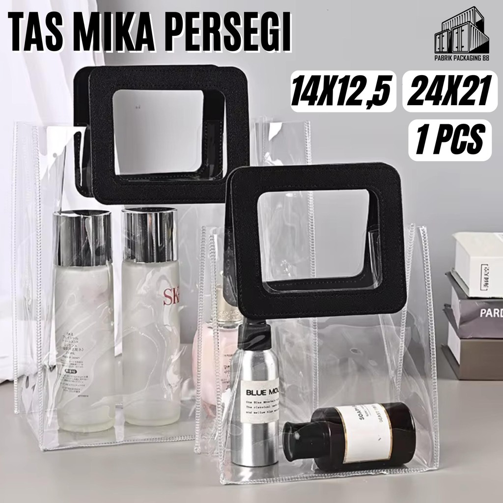 

Tas Mika PVC Transparan Handle Persegi Kulit Goodie Bag Souvenir Hampers Aksesoris Ulang Tahun