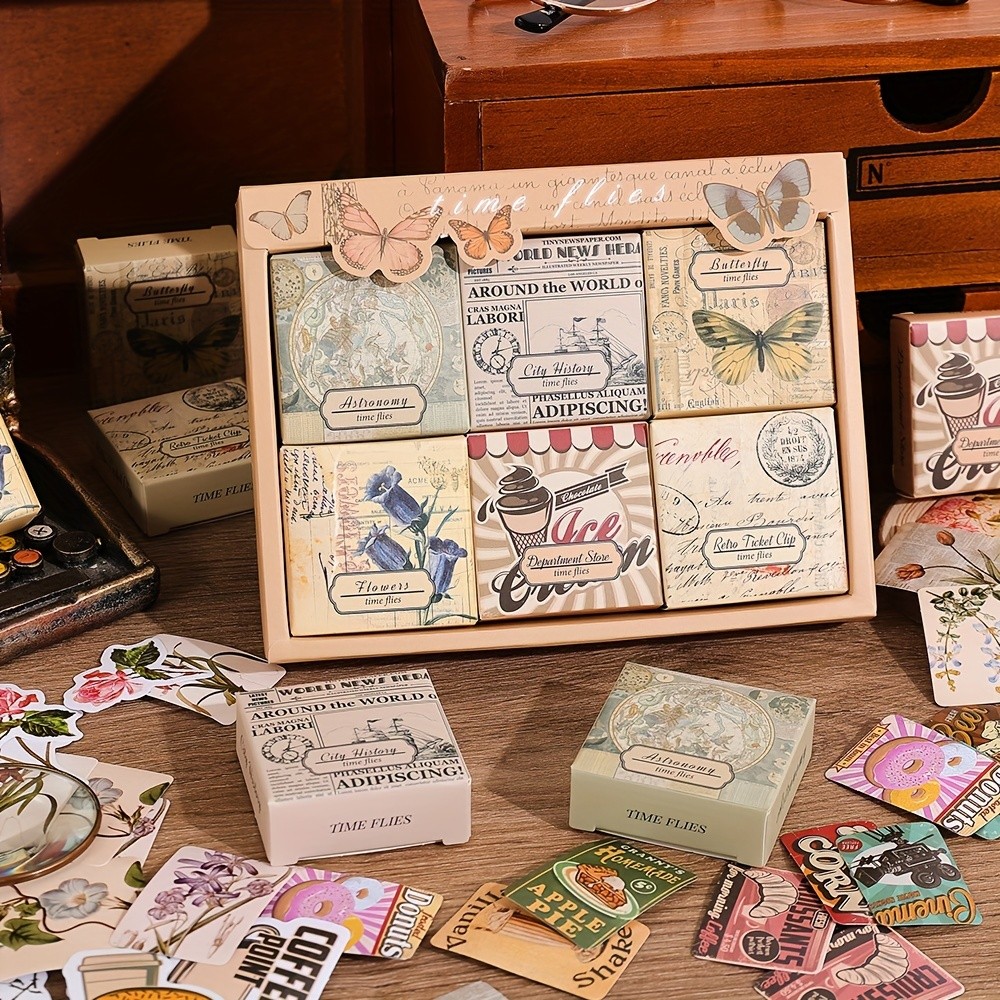

300 Sheets Vintage Butterfly Flower Washi Scrapbooking Stickers Set 6 Different Styles MINI Box DIY Collage Material Stickers
