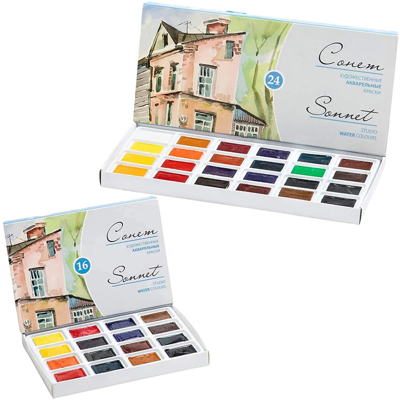 

White Nights Sonnet Artists Watercolors Paint Set 16/24 Bright and Vivid Colors Full Pans 2.5 ml In Carton Box Made in Russia