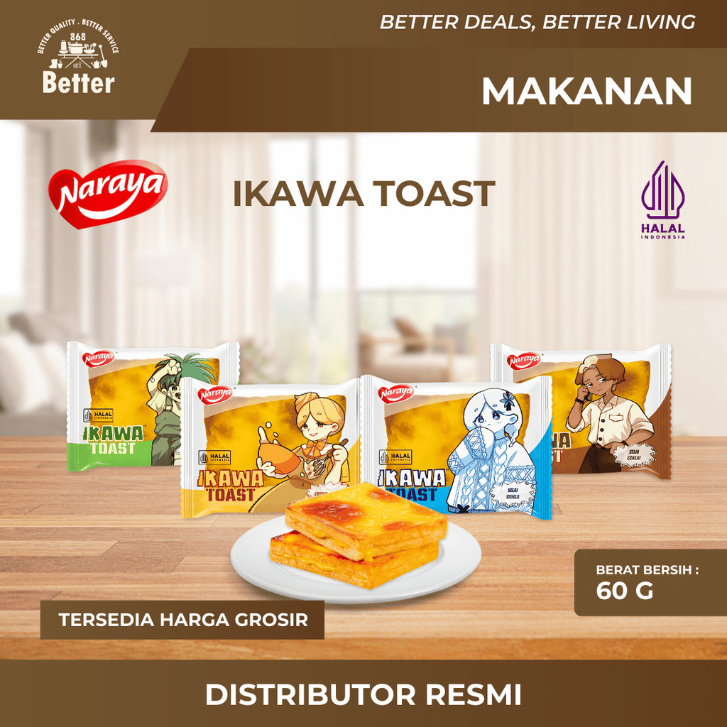 

NARAYA Ikawa Toast 60gr Roti Panggang Snack Isi Coklat / Cream Cheese / Srikaya Pandan / Vanila