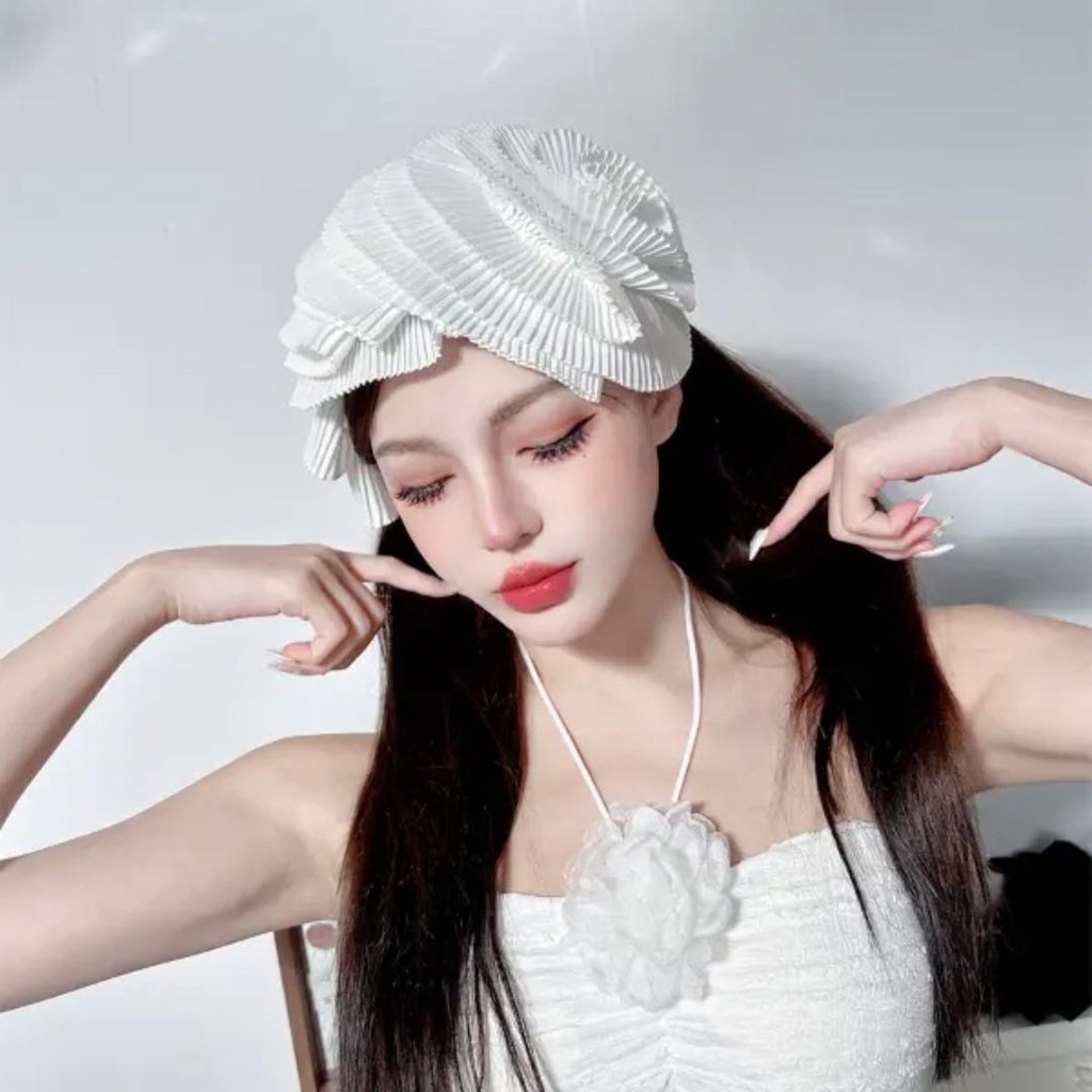 Topi Bowler Bunga Besar Lapisan Tekstur Retro Ceruk Model Desainer Topi Aksesoris Rambut Ikat Kepala